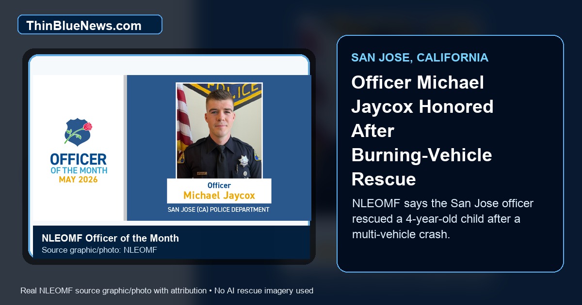 National Law Enforcement Officers Memorial Fund Officer of the Month graphic showing San Jose Police Officer Michael Jaycox; ThinBlueNews added headline and source labeling about the burning-vehicle rescue recognition.