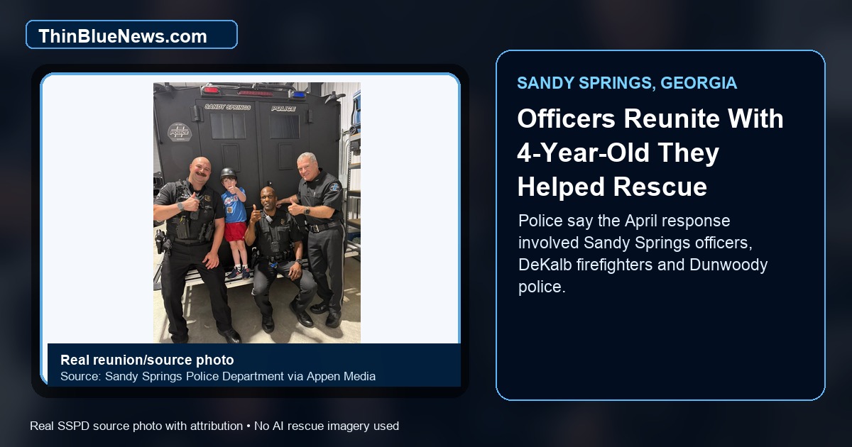 Sandy Springs Police Department source photo of 4-year-old Maddux visiting officers after a garage-door medical emergency response; ThinBlueNews added headline and source labeling.