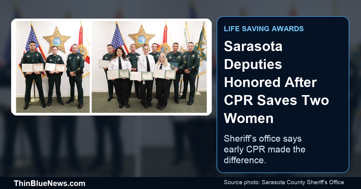 Sarasota County Sheriff's Office source photo from a June 2026 awards ceremony, showing Sheriff Kurt A. Hoffman with deputies and warrant technicians; ThinBlueNews added headline and source labeling.