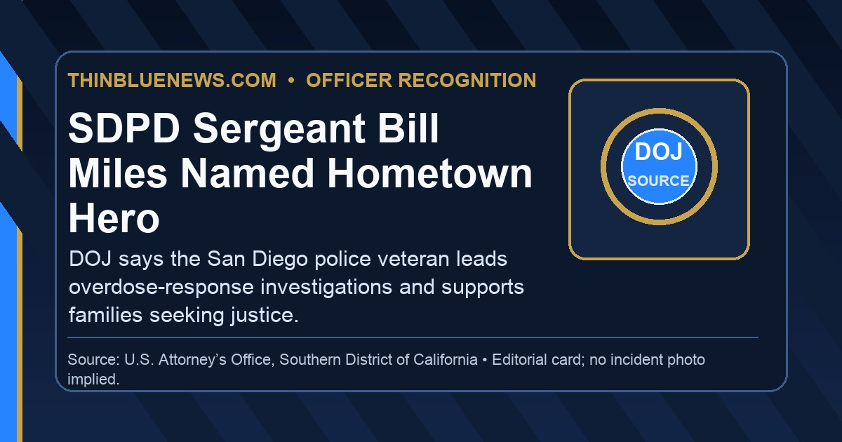 ThinBlueNews editorial card for SDPD Detective Sergeant Bill Miles Hometown Hero Award story, based on a U.S. Attorney’s Office Southern District of California release; no incident photo implied.