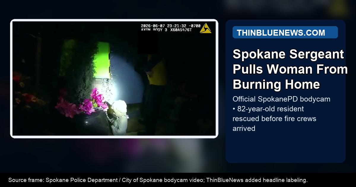 Official Spokane Police Department body camera frame from the W Sumner Avenue house-fire response, with ThinBlueNews headline and source labeling added.