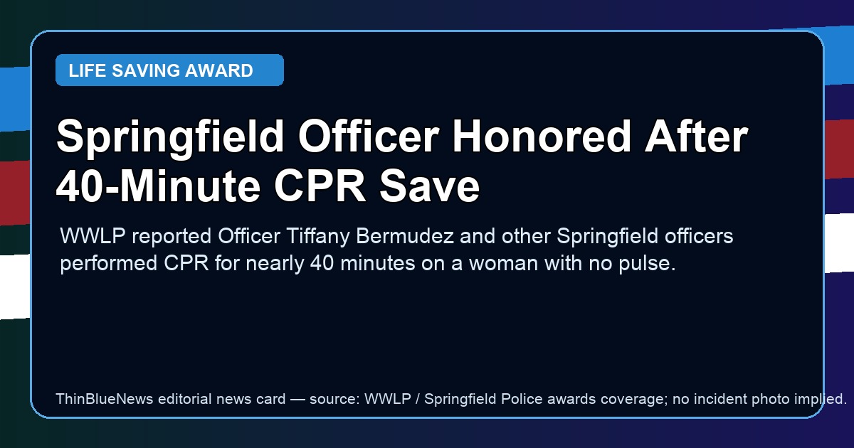 ThinBlueNews editorial news card for Springfield Police Officer Tiffany Bermudez Life Saving Award story; no incident photo implied.