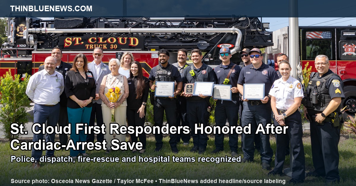 Osceola News Gazette source photo by Taylor McFee showing St. Cloud police, dispatch, fire-rescue, hospital personnel and Donna Allred at an EMS Excellence Awards ceremony, with ThinBlueNews headline and source labeling added.