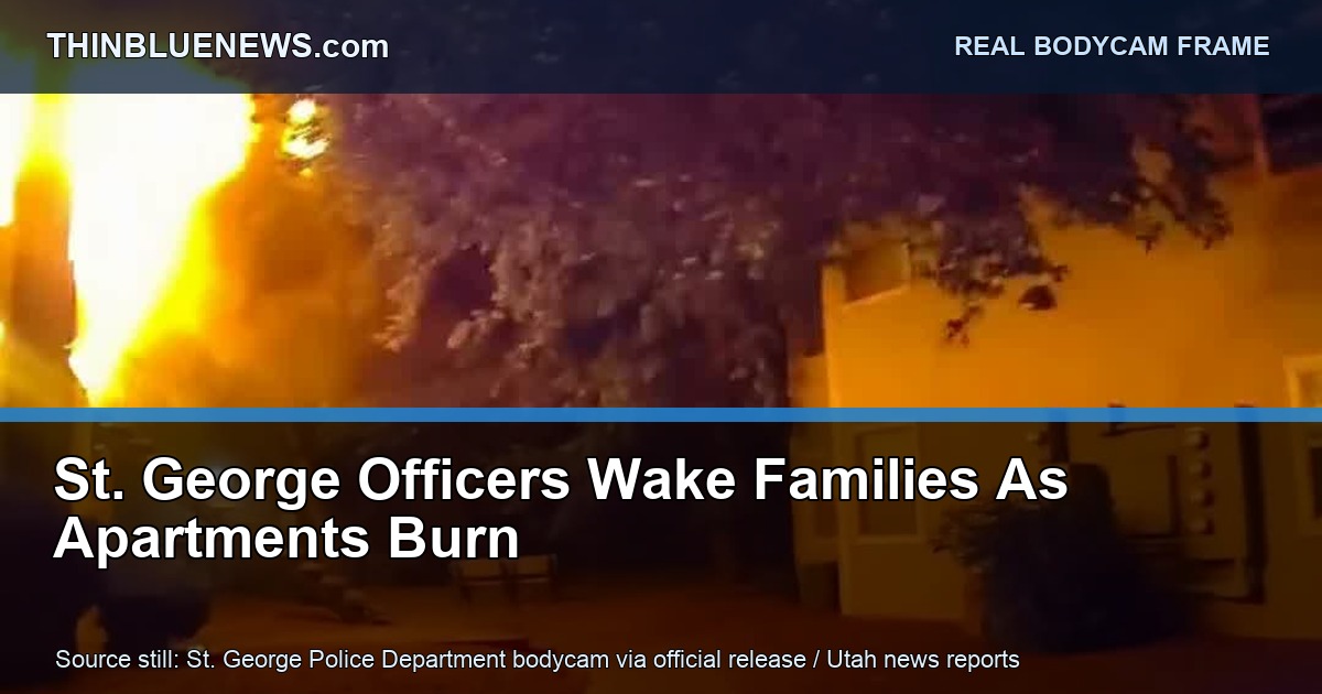 Real St. George Police Department bodycam frame from the June 7 Bella Vista Apartments fire, showing flames outside the apartment building with ThinBlueNews headline labeling.