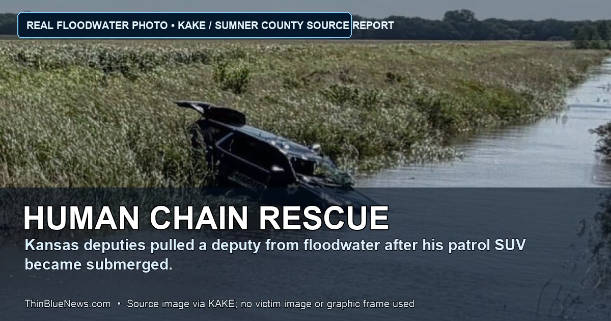 KAKE source photo showing a Sumner County Sheriff patrol SUV partially submerged in Kansas floodwater, with ThinBlueNews headline and source labeling added; no victim image or graphic scene is shown.