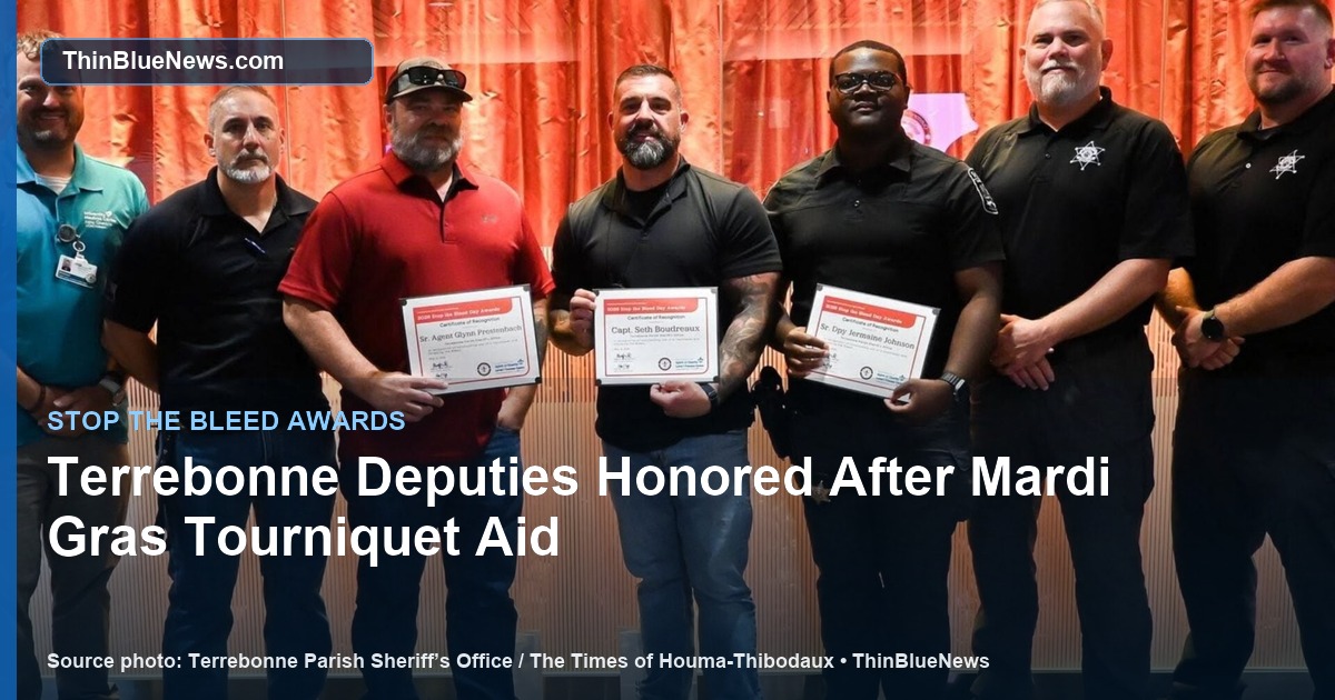 Terrebonne Parish Sheriff’s Office award ceremony photo via The Times of Houma-Thibodaux showing Senior Agent Glynn Prestenbach, Captain Seth Boudreaux and Senior Deputy Jermaine Johnson recognized with Stop the Bleed Day awards, with ThinBlueNews headline and source labeling added.