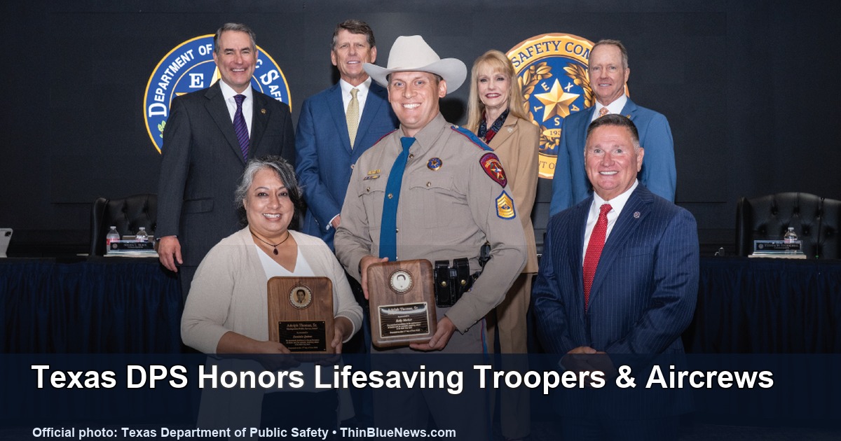 Texas Department of Public Safety official June Public Safety Commission meeting photo showing award recipients and DPS officials, with ThinBlueNews headline labeling.