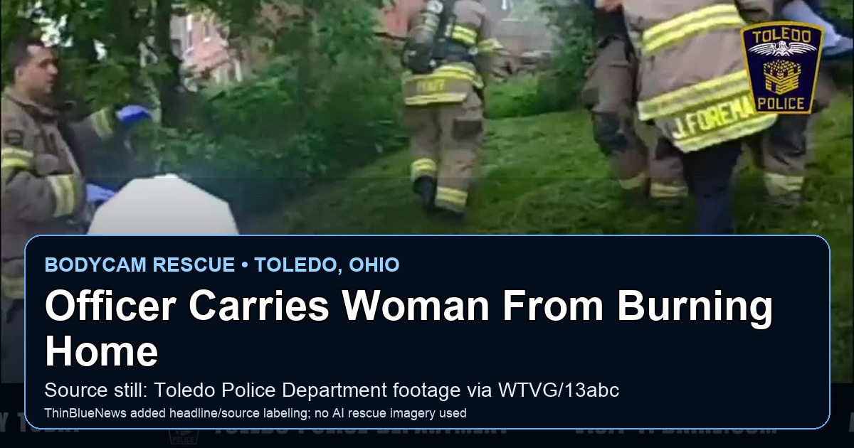 Toledo Police Department bodycam source still, published by WTVG, showing first responders outside a Wade Street fire scene after an officer rescued a woman from a burning home; ThinBlueNews added headline and source labeling.