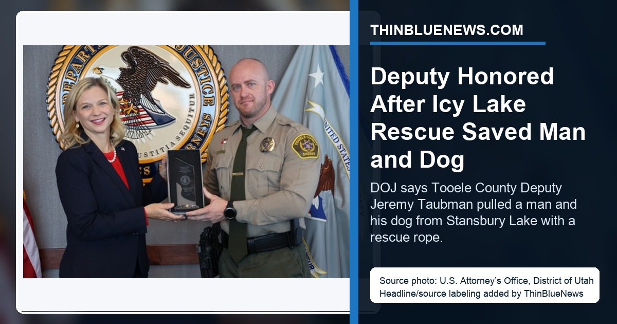 Official U.S. Attorney’s Office for the District of Utah photo showing U.S. Attorney Melissa Holyoak awarding the Hometown Hero Award to Tooele County Sheriff Deputy Jeremy Taubman, with ThinBlueNews headline and source labeling added.