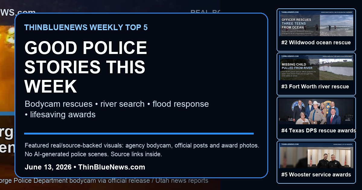 ThinBlueNews weekly Top 5 Good Police Stories collage using real source-backed images from St. George, Wildwood, Fort Worth, Texas DPS and Wooster stories.