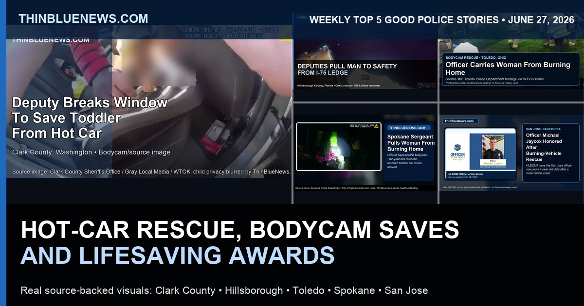 ThinBlueNews weekly Top 5 Good Police Stories collage using real source-backed images from Clark County, Hillsborough County, Weatherford, McLennan County and San Jose stories.