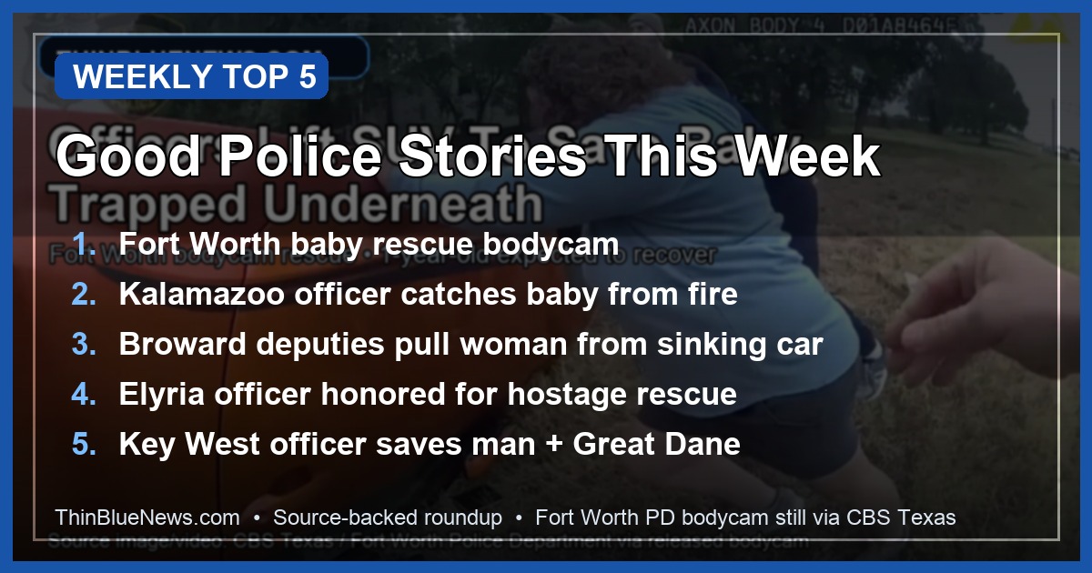 ThinBlueNews weekly Top 5 roundup card built from a source-backed Fort Worth Police Department bodycam still, listing five verified positive law-enforcement stories from the week