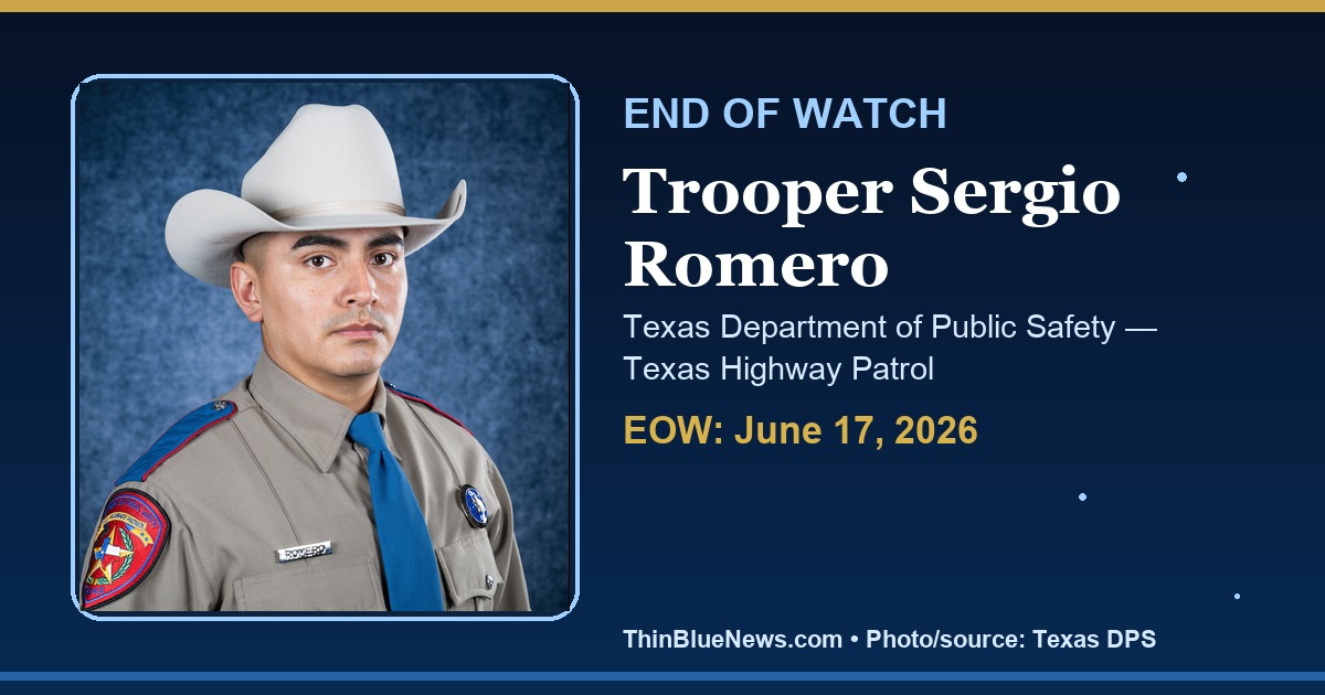 ThinBlueNews End of Watch memorial image for Trooper Sergio Romero of the Texas Department of Public Safety Texas Highway Patrol, using an official Texas DPS source photo with attribution