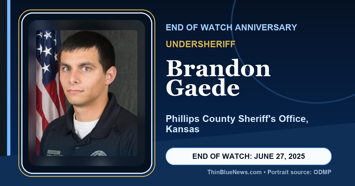 ThinBlueNews End of Watch anniversary memorial image for Undersheriff Brandon Gaede of the Phillips County Sheriff's Office in Kansas, using an ODMP source portrait with attribution