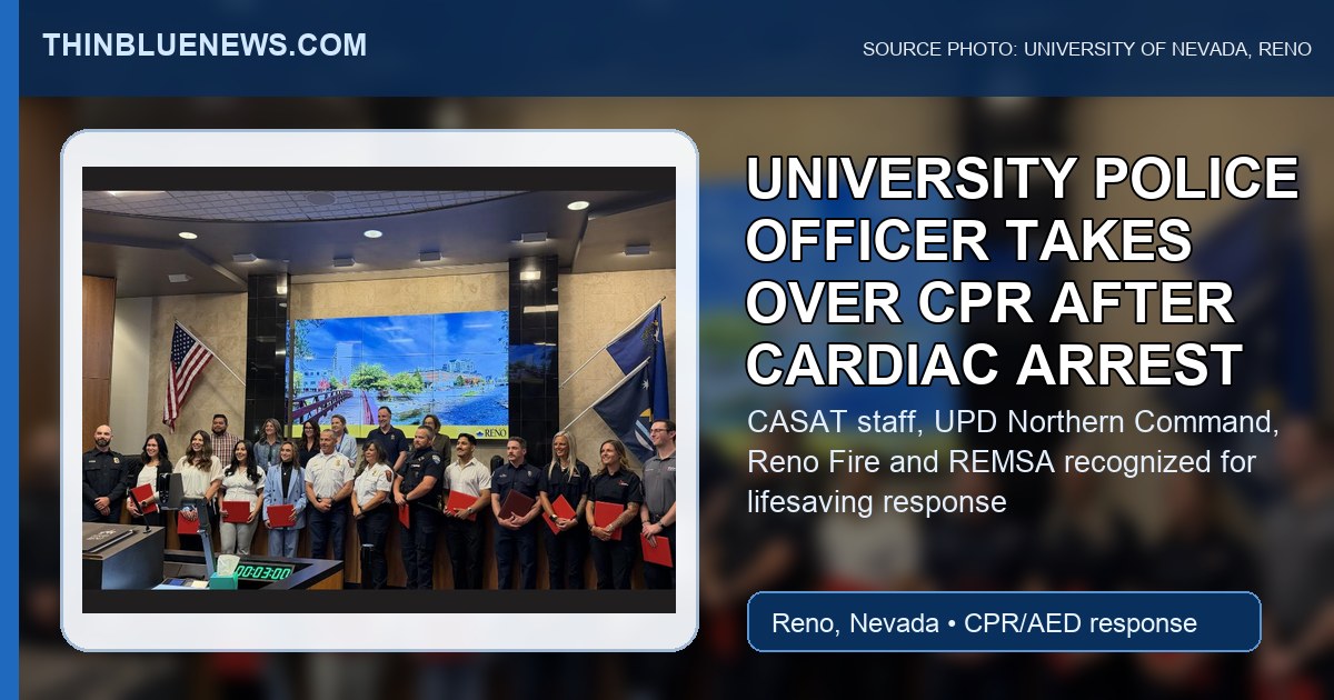 University of Nevada, Reno source photo showing CASAT, REMSA, Reno Fire and University Police Department Northern Command personnel recognized by the City of Reno after a lifesaving CPR and AED response; ThinBlueNews added headline and source labeling.