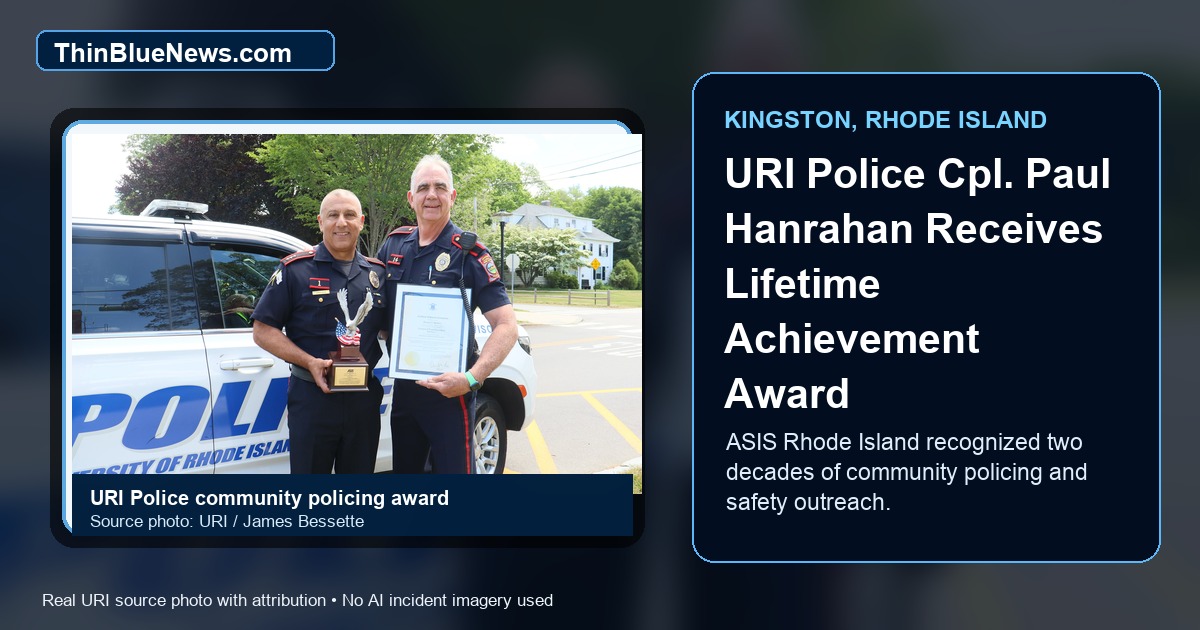 University of Rhode Island source photo by James Bessette showing URI Assistant Vice President of Public Safety and Chief of Police Michael Jagoda with URI Police Cpl. Paul Hanrahan after Hanrahan received ASIS International Rhode Island chapter's 2026 Lifetime Achievement Award; ThinBlueNews added headline and source labeling.