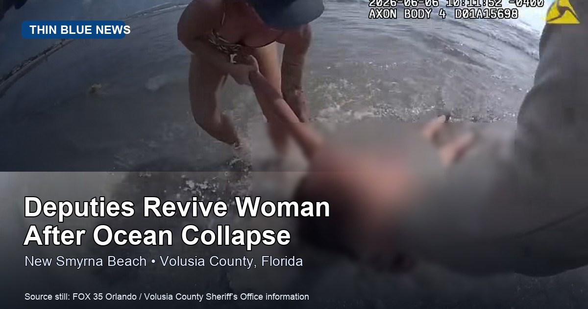 FOX 35 Orlando/Volusia County Sheriff body-camera still showing deputies and beachgoers during a New Smyrna Beach ocean rescue, with the patient blurred and ThinBlueNews headline overlay.