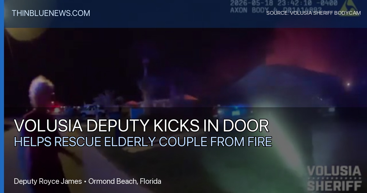 Volusia Sheriff's Office bodycam still published by the Daytona Beach News-Journal showing Deputy Royce James approaching a smoke-filled Laurie Drive house fire scene; ThinBlueNews added headline overlay.