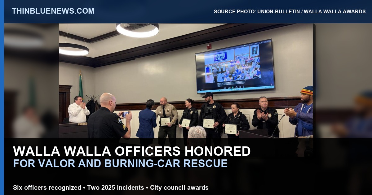 Union-Bulletin source photo showing Walla Walla-area law enforcement officers receiving valor and life saving awards at a city council meeting, with ThinBlueNews headline labeling.