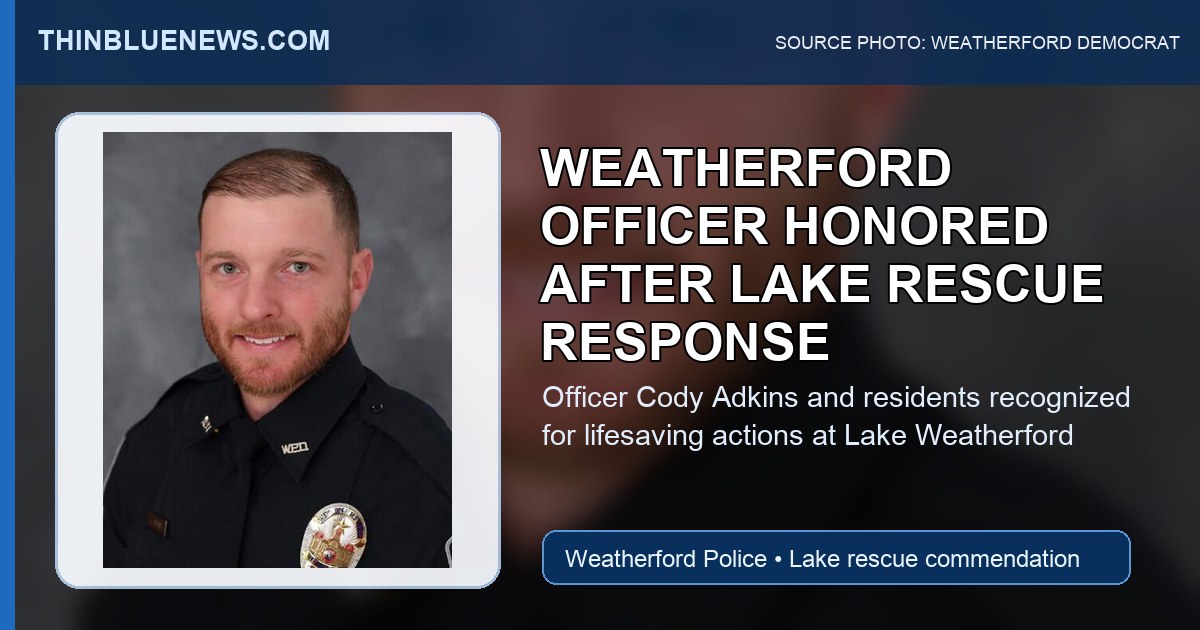 Weatherford Democrat source photo labeled Cody Adkins, used with ThinBlueNews headline and source labeling for a Weatherford Police lake rescue commendation story.