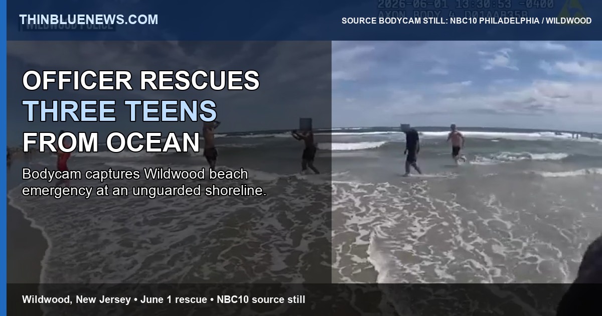 NBC10 Philadelphia/Wildwood bodycam still from a June 1, 2026 unguarded-beach ocean rescue, with ThinBlueNews headline and source labeling added.