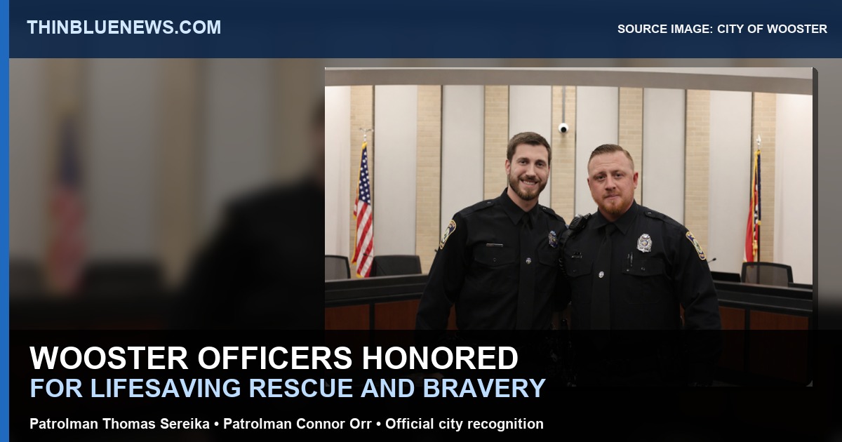 City of Wooster official image showing Patrolman Connor Orr and Patrolman Thomas Sereika award recognition, with ThinBlueNews headline labeling.
