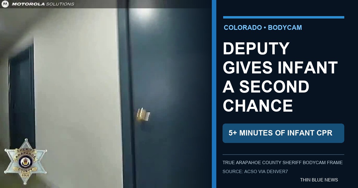 True Arapahoe County Sheriff's Office body-camera frame from Deputy Abrams' response beside a headline about more than five minutes of infant CPR