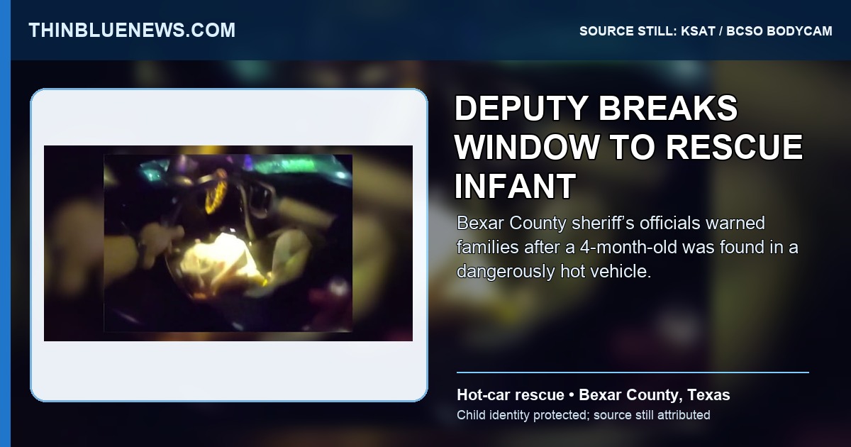 KSAT-published Bexar County Sheriff’s Office bodycam still showing a deputy reaching into a vehicle during a hot-car rescue; ThinBlueNews added headline and source labeling, and the infant is not recognizable.