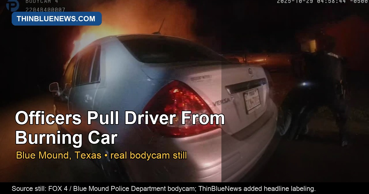 Real Blue Mound Police Department bodycam still distributed by FOX 4 showing a burning vehicle moments before officers pulled the driver out; ThinBlueNews added headline and source labeling.