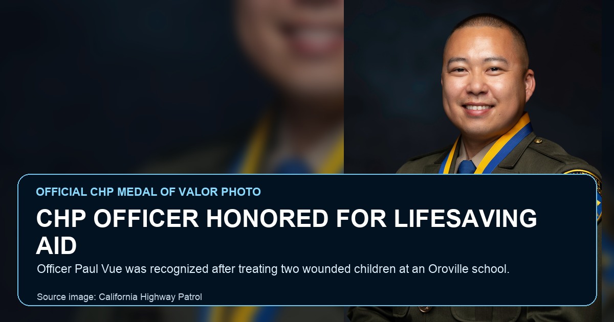 Official California Highway Patrol photo of CHP Officer Paul Vue after receiving a Governor’s State Employee Medal of Valor; ThinBlueNews added headline and source labeling.