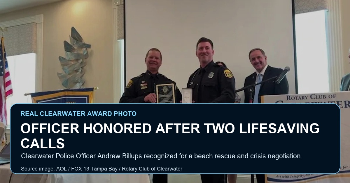 Source image from AOL / FOX 13 Tampa Bay showing Clearwater Police Officer Andrew Billups receiving an award at a Rotary Club of Clearwater luncheon; ThinBlueNews added headline and source labeling.