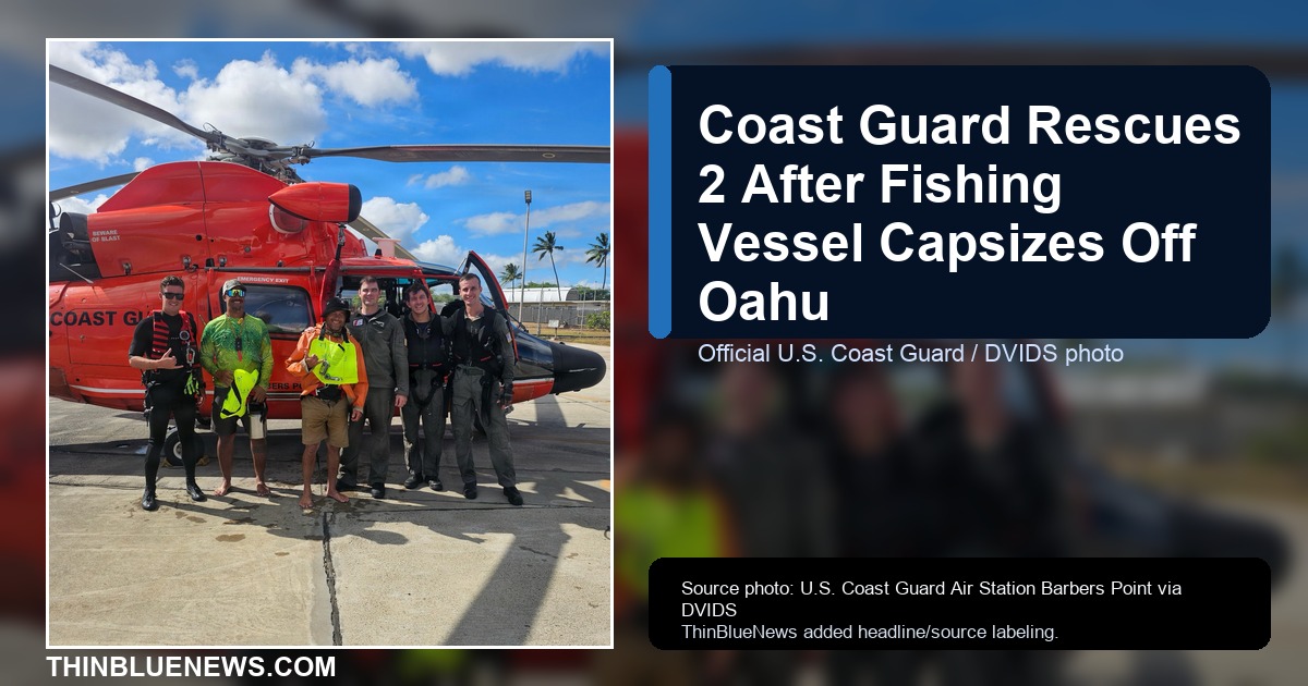 Official U.S. Coast Guard photo via DVIDS showing Air Station Barbers Point crew members and two rescued men beside an MH-65 Dolphin helicopter after an offshore Oahu rescue; ThinBlueNews added headline and source labeling.