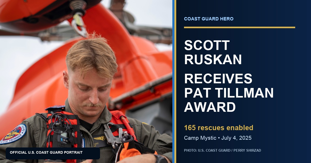Official U.S. Coast Guard portrait of rescue swimmer Scott Ruskan beside a ThinBlueNews headline noting his 2026 Pat Tillman Award for Service.