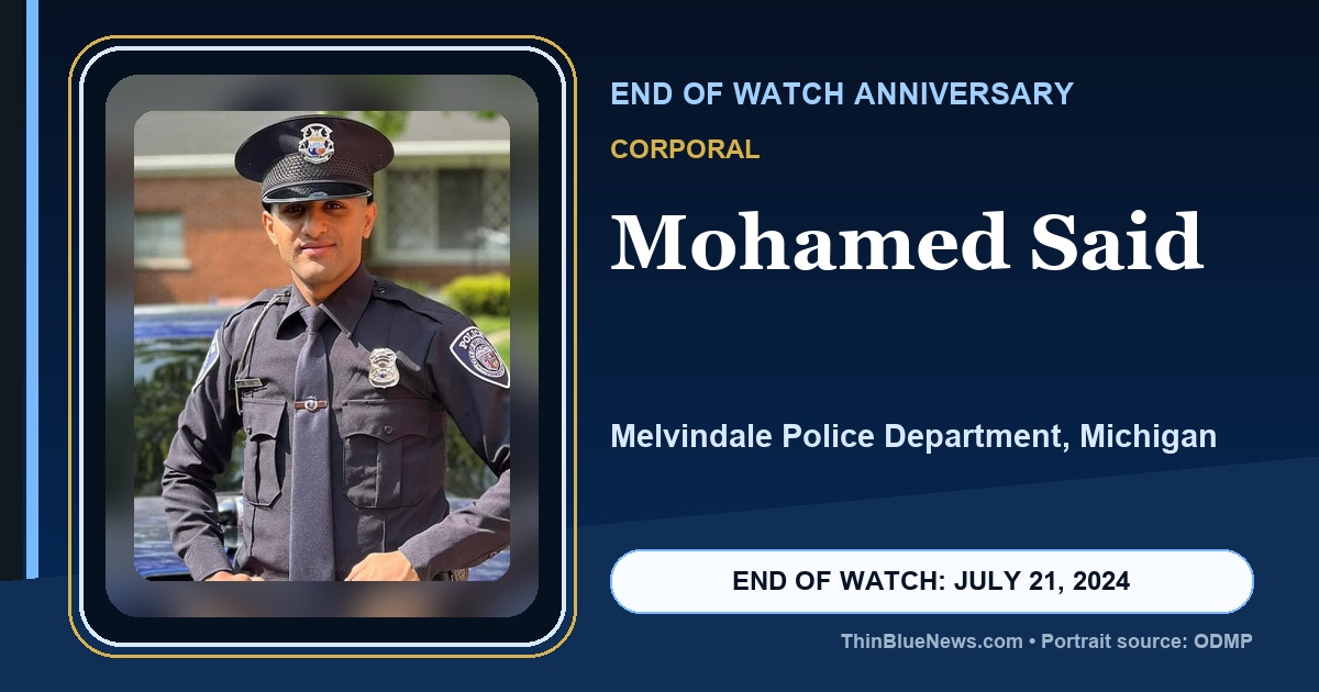 ODMP portrait of Melvindale Police Department Corporal Mohamed Said in a dignified ThinBlueNews End of Watch anniversary memorial design