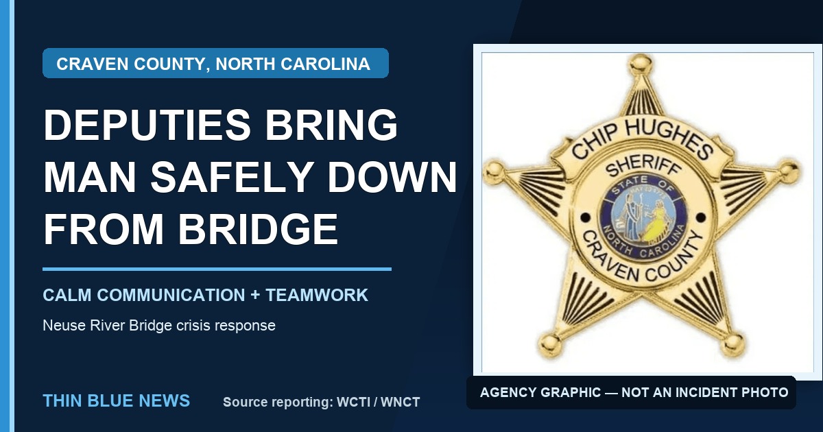 ThinBlueNews editorial card with the Craven County sheriff badge and text stating deputies brought a man safely down from a bridge; labeled as an agency graphic, not an incident photo