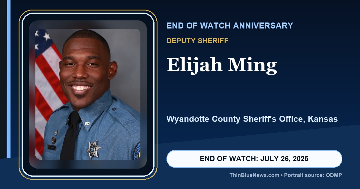 ODMP portrait of Wyandotte County Sheriff's Office Deputy Elijah Ming in a dignified ThinBlueNews End of Watch anniversary memorial design
