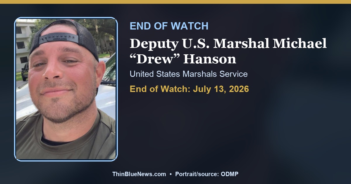 Deputy U.S. Marshal Michael Drew Hanson in an ODMP portrait with a restrained ThinBlueNews End of Watch memorial design and source attribution