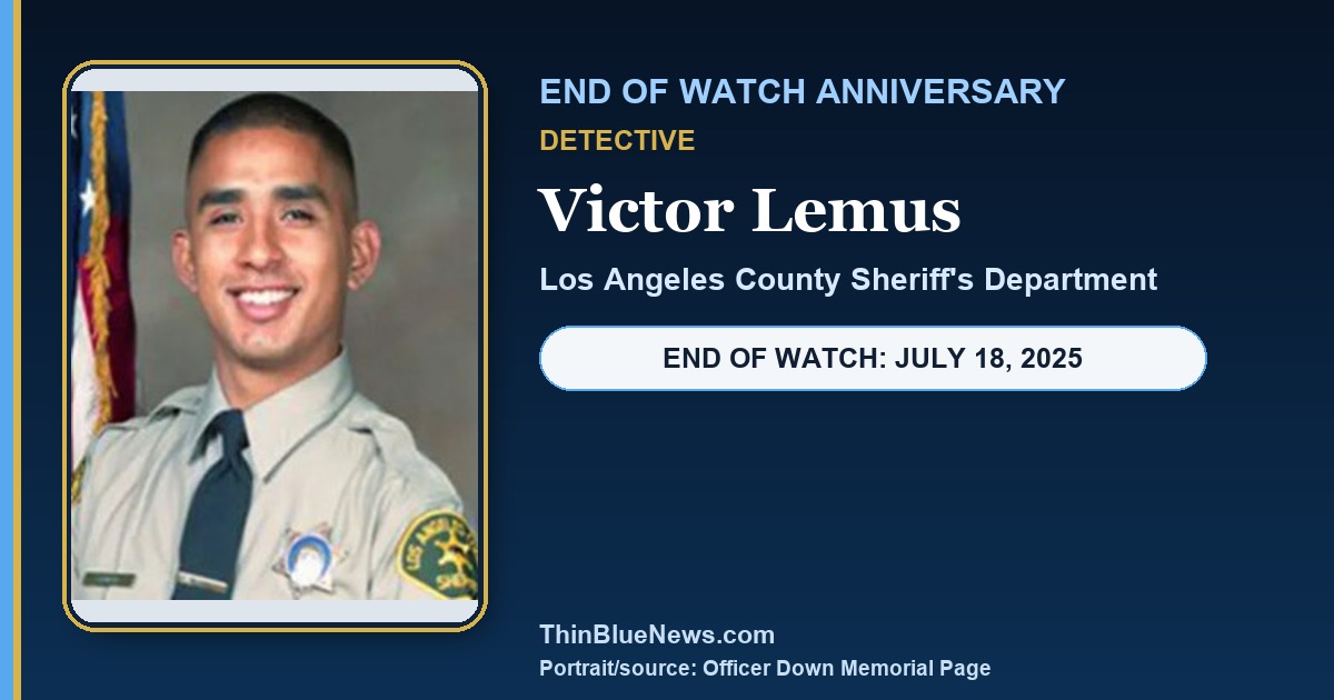ODMP portrait of Los Angeles County Sheriff's Department Detective Victor Lemus in a dignified ThinBlueNews End of Watch anniversary memorial design