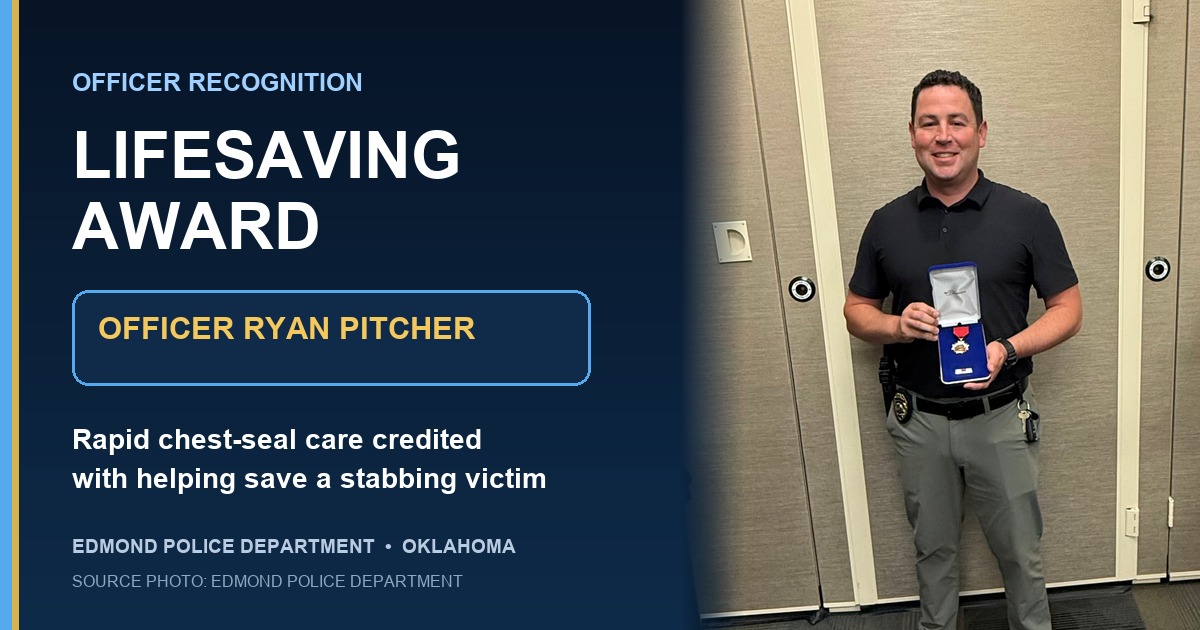 Edmond Police Officer Ryan Pitcher holds his Lifesaving Award in an official department photo beside a ThinBlueNews headline about his chest-seal aid.