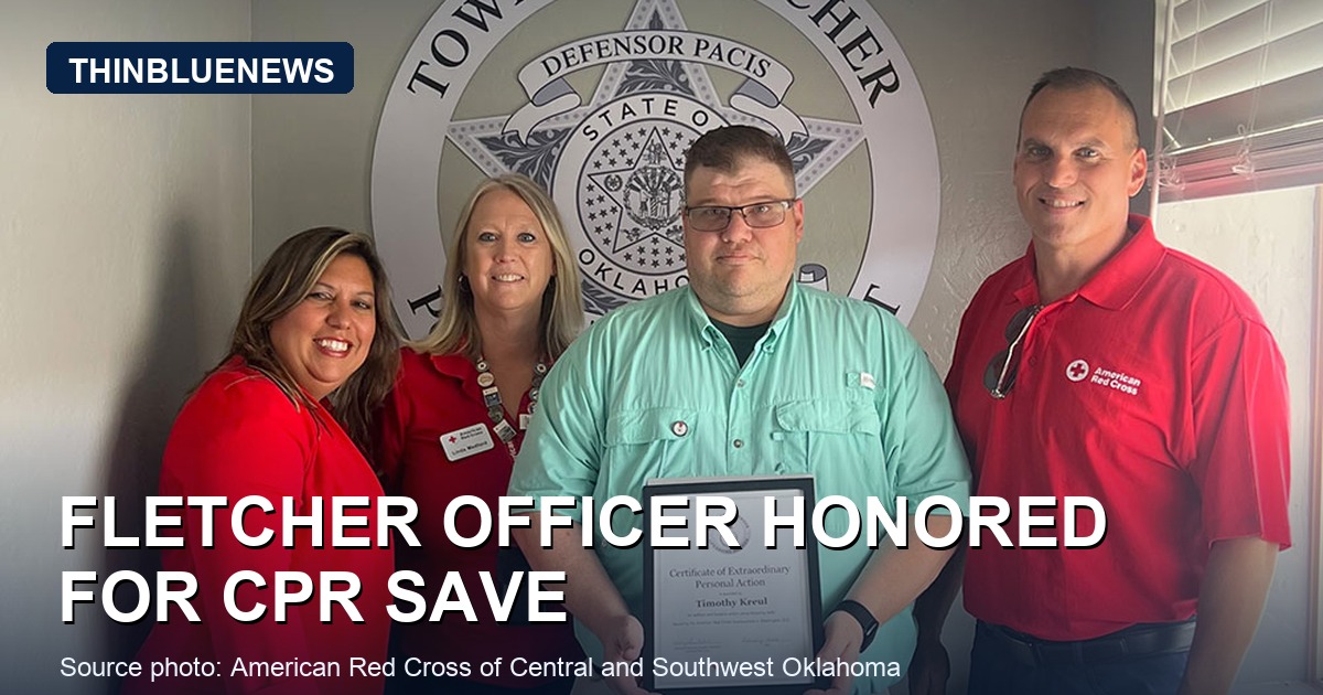 American Red Cross photo showing Fletcher Police Officer Timothy Kreul holding a Lifesaving Award with Red Cross staff; ThinBlueNews added headline and source labeling.