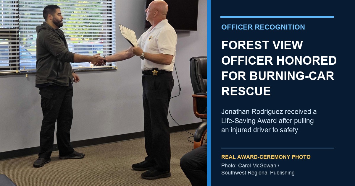 Forest View Police Officer Jonathan Rodriguez shakes hands with Police Chief Jim Ritz during a Life-Saving Award presentation; ThinBlueNews added a factual headline and photo credit.