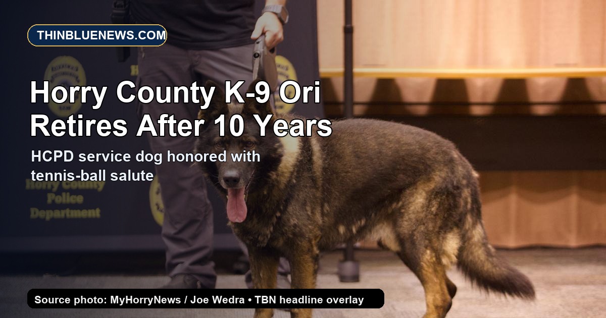 MyHorryNews source photo by Joe Wedra showing Horry County Police K-9 Ori at his retirement celebration; ThinBlueNews added headline and source labeling.