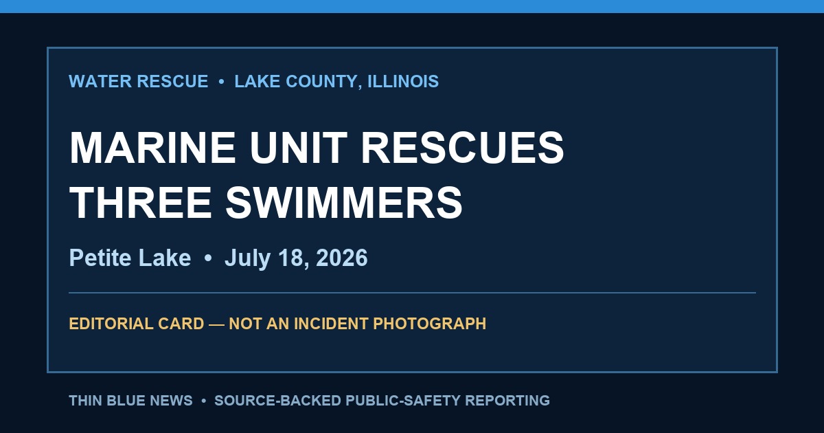 ThinBlueNews editorial card reading Marine Unit Rescues Three Swimmers on Petite Lake, clearly labeled as not an incident photograph.
