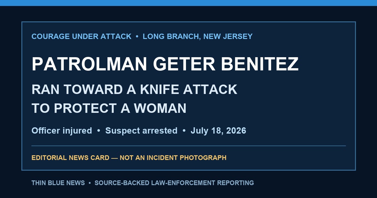 ThinBlueNews editorial card honoring Long Branch Patrolman Geter Benitez for intervening in a knife attack, labeled as not an incident photograph.