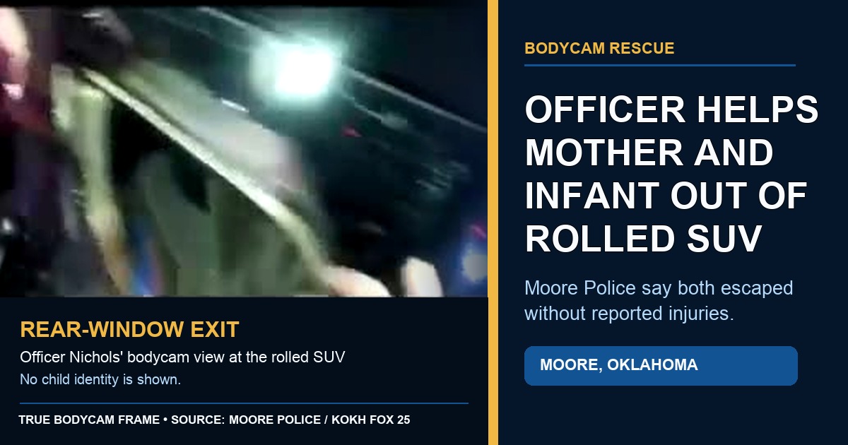 True Moore Police bodycam frame at the rear window of a rolled SUV beside a ThinBlueNews headline about Officer Nichols helping a mother and infant out.