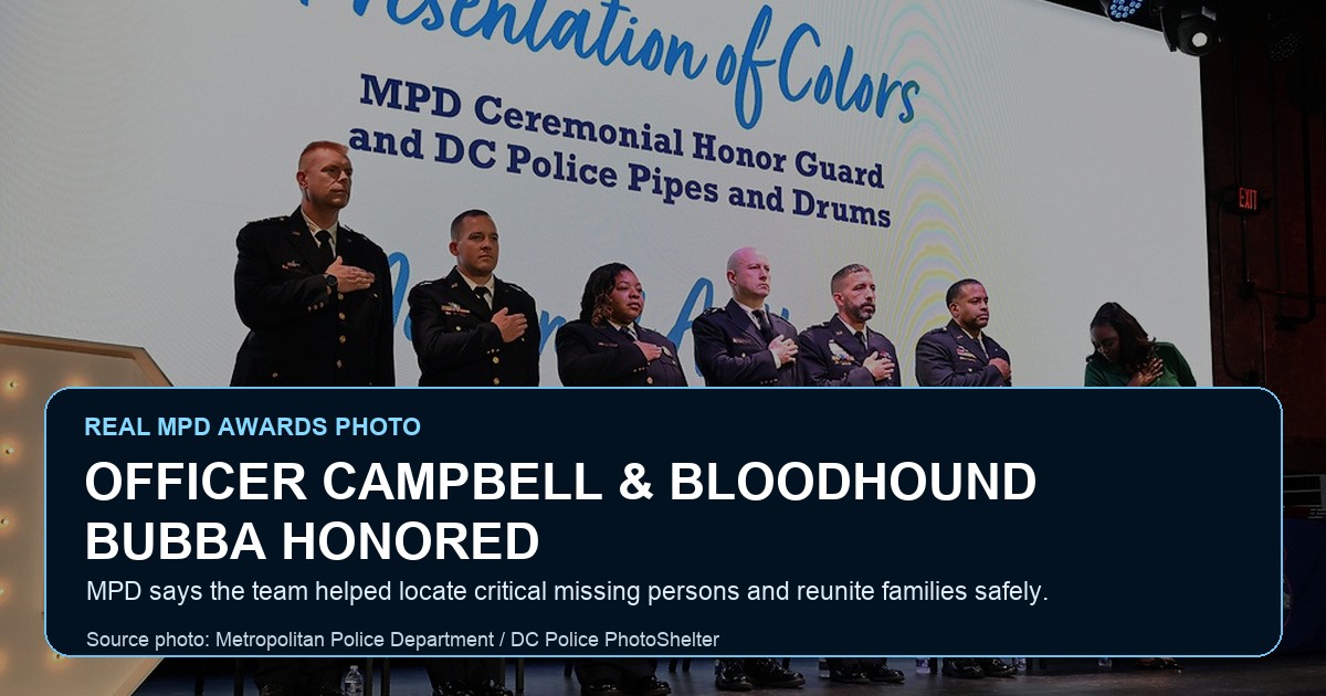 Official Metropolitan Police Department awards ceremony photo from the 2026 annual awards ceremony; ThinBlueNews added headline and source labeling. The photo is used as a ceremony image and does not specifically identify Officer Tyrone Campbell or Bloodhound Bubba.