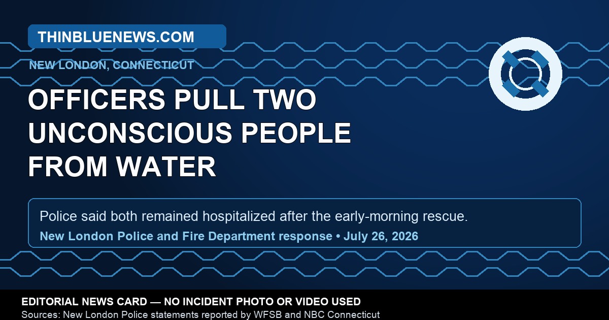 ThinBlueNews editorial card stating that New London officers pulled two unconscious people from the water near a downtown pier; the card is labeled as using no incident photo or video.