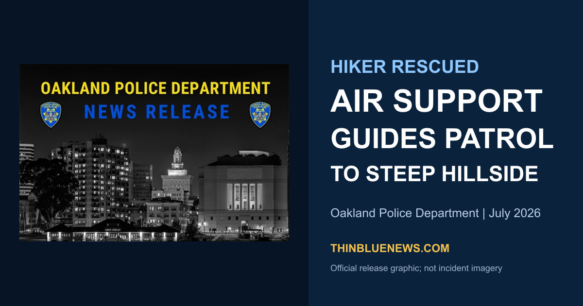 ThinBlueNews card using the official Oakland Police Department news-release graphic beside the headline Air Support Guides Patrol to Steep Hillside; the card states that it is not incident imagery.