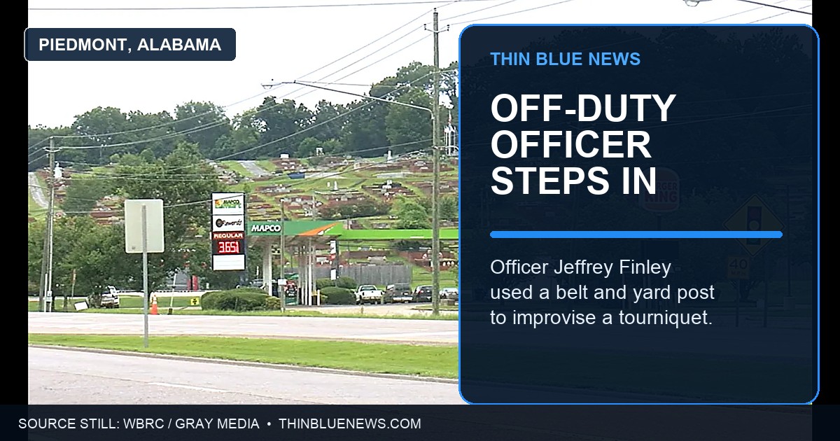 WBRC source-report still showing the Mapco station in Piedmont, Alabama, where off-duty Anniston Police Officer Jeffrey Finley rendered emergency aid; ThinBlueNews added a factual headline and source credit.