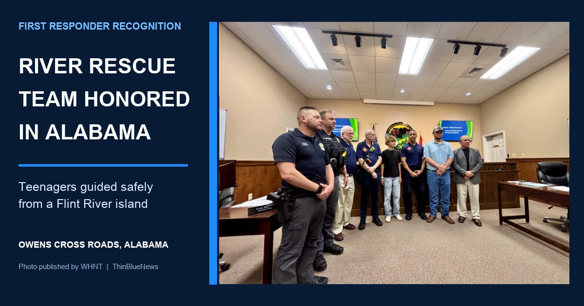 Real recognition-ceremony photograph showing Owens Cross Roads police, fire and community representatives, presented beside a ThinBlueNews headline about the Flint River teen rescue.